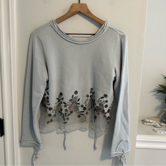 Anthropologie Let Me Be Gray Sweatshirt Beaded Floral Mesh Small - Picture 8 of 12